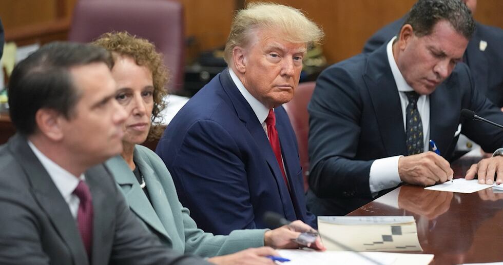 Former President Donald Trump sits in the courtroom for his arraignment in New York on April...
