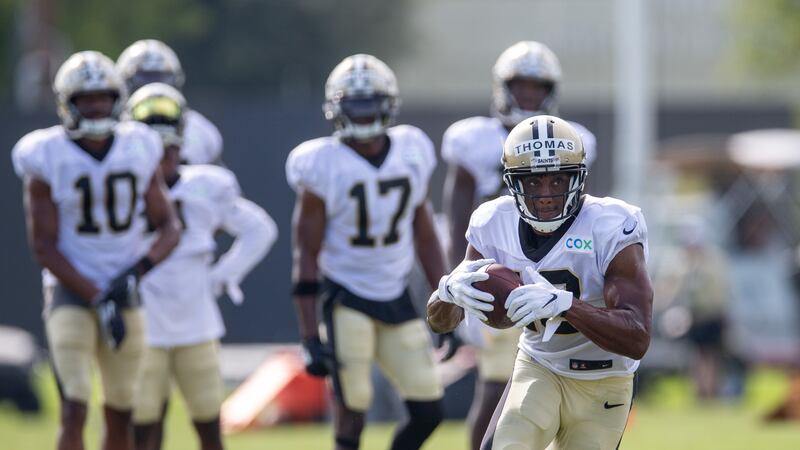 during training camp at their NFL football training facility in Metairie, La. Monday, Aug. 17,...