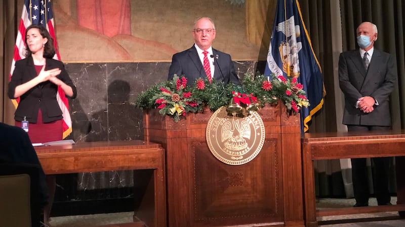 Gov. John Bel Edwards speaks at a news conference about the Pfizer- manufactured COVID-19...