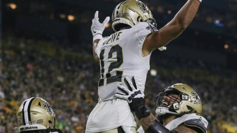 Chris Olave celebrates his 20-yard TD reception. (Source: New Orleans Saints)