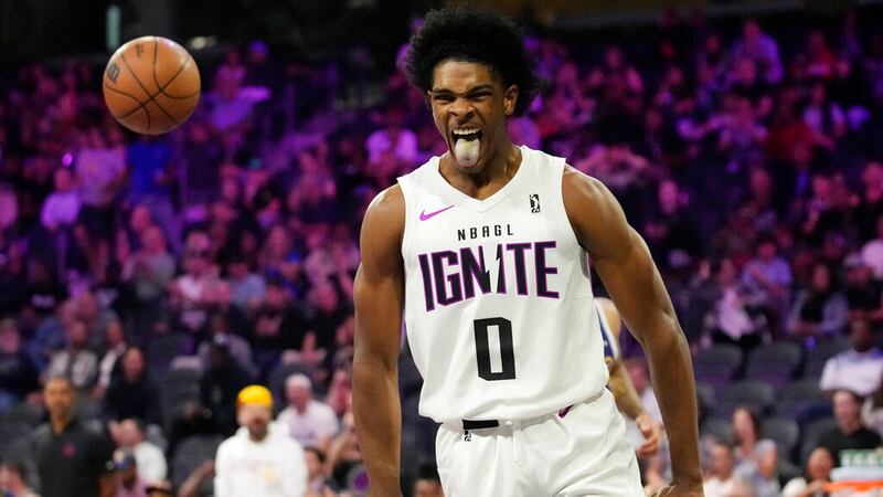 FILE - NBA G League Ignite's Scoot Henderson reacts after scoring against Boulogne-Levallois...